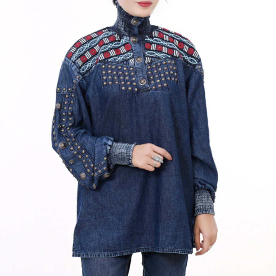 American Darling ADDR019 Denim Women shirt Jacket Dress Tunic Ladies Girl Top Navy Blue - Uhorse