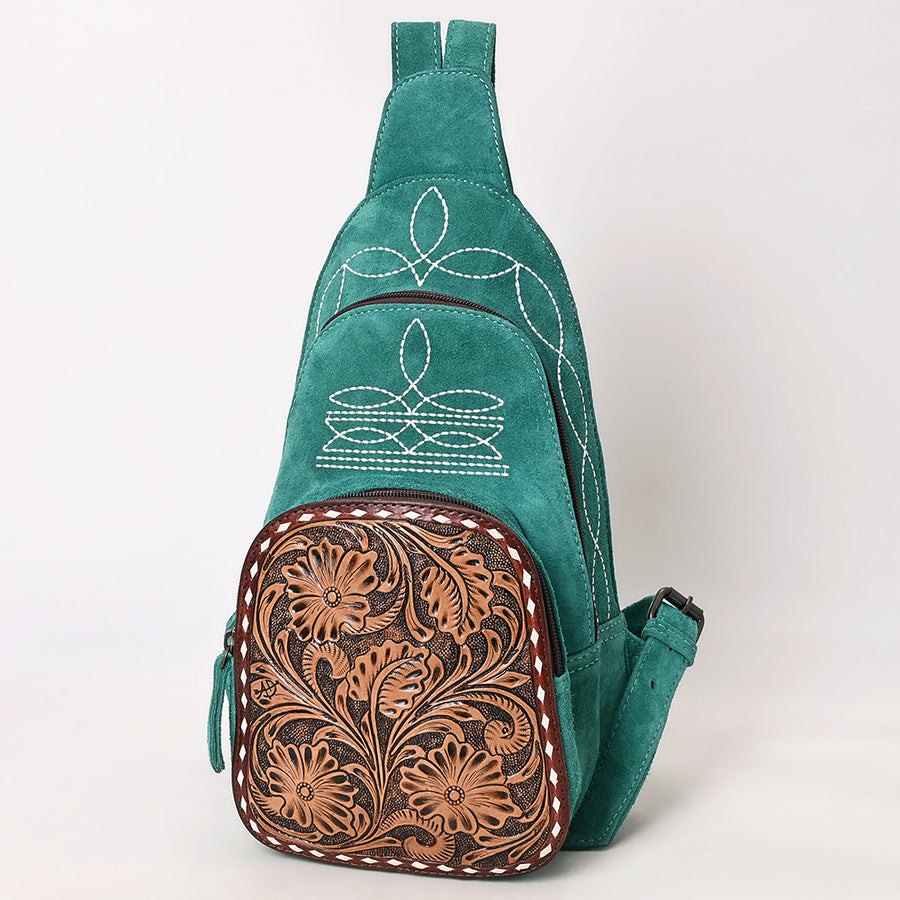 American Darling Genuine Suede Leather Sling Bag with Hand Tooled Floral Front and Buck Stitch Details - Uhorse
