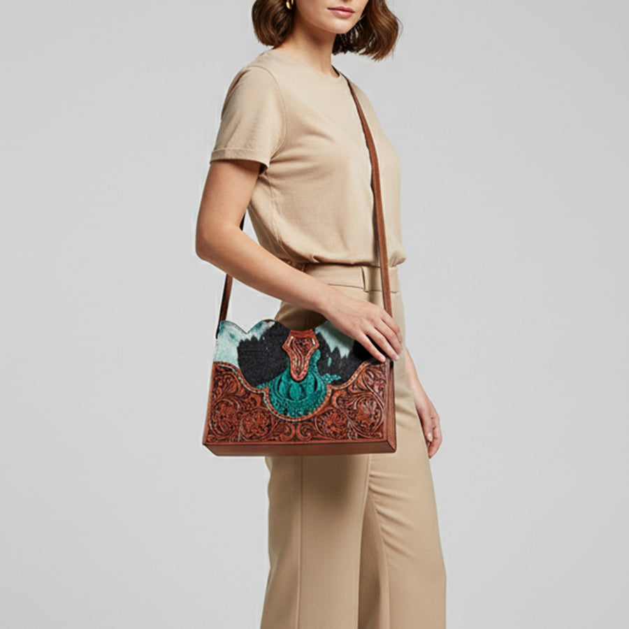 American Darling Hair-On Cowhide Cross Body Bag with Hand-Tooled Floral Carving Croc Emboss Buck Stitching Adjustable Strap & YKK Zipper