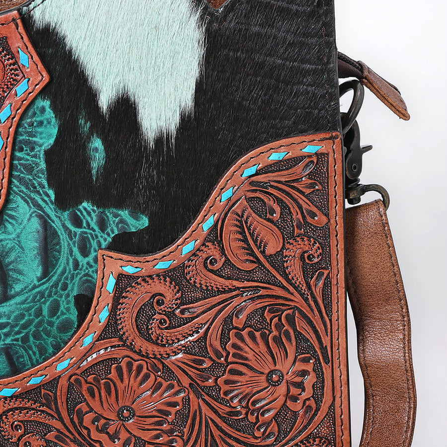 American Darling Hair-On Cowhide Cross Body Bag with Hand-Tooled Floral Carving Croc Emboss Buck Stitching Adjustable Strap & YKK Zipper