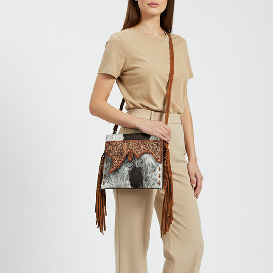 American Darling Hair-On Cowhide Wristlet Bag with Hand-Tooled Floral Carving Fringe Buck Stitching Genuine Leather Strap & Secure YKK Zipper