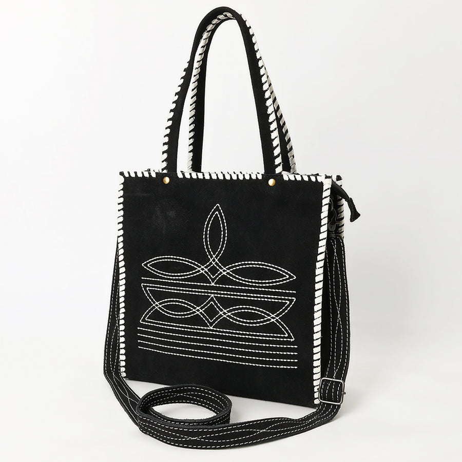 American Darling Western Genuine Suede Leather Tote Bag with Braided Trim and Detailed Boot Stitching - Uhorse