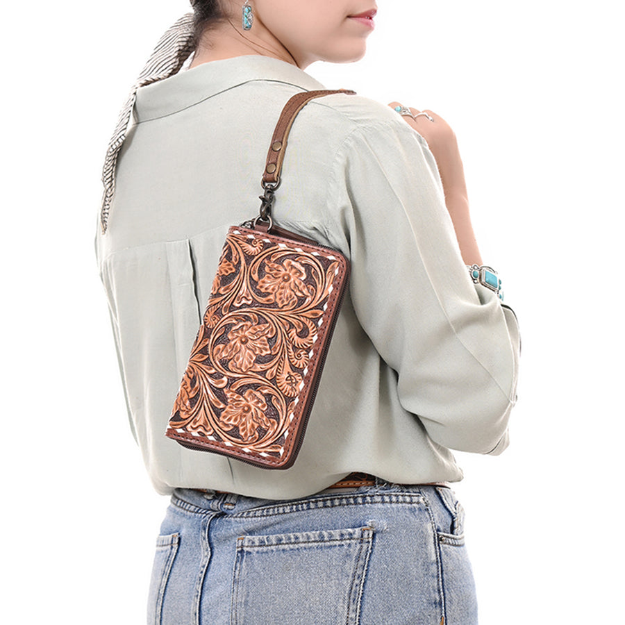 American Darling Hand-Tooled Leather Wristlet Bag with Floral Carving Buck Stitching Full-Grain Leather Interior Slots & Secure YKK Zipper