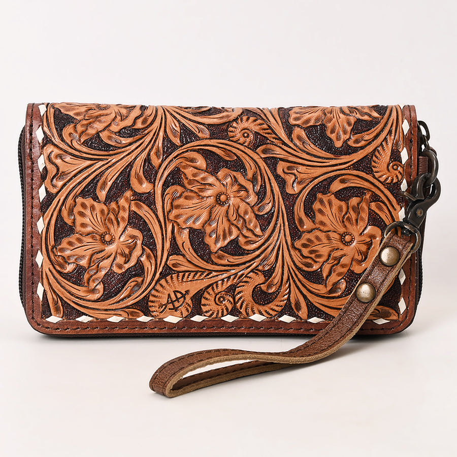 American Darling Hand-Tooled Leather Wristlet Bag with Floral Carving Buck Stitching Full-Grain Leather Interior Slots & Secure YKK Zipper