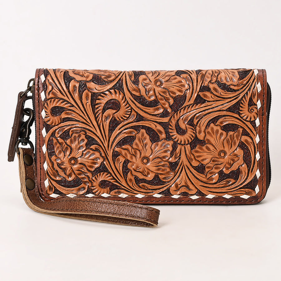 American Darling Hand-Tooled Leather Wristlet Bag with Floral Carving Buck Stitching Full-Grain Leather Interior Slots & Secure YKK Zipper