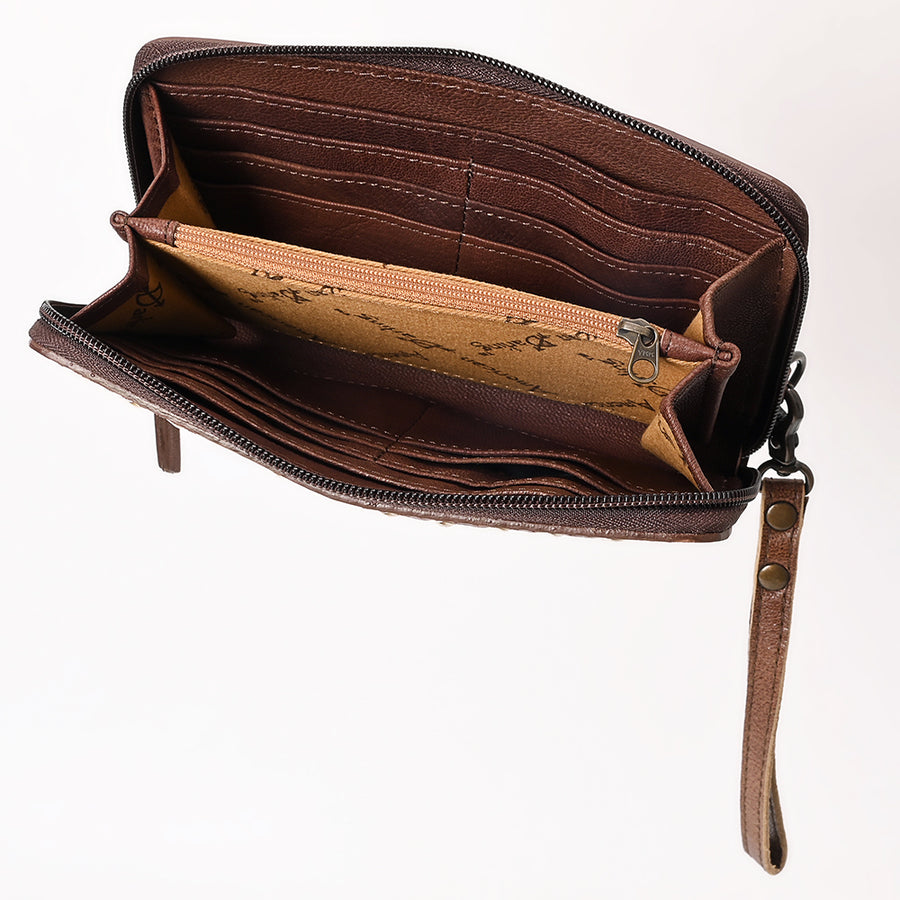 American Darling Hand-Tooled Leather Wristlet Bag with Floral Carving Buck Stitching Full-Grain Leather Interior Slots & Secure YKK Zipper