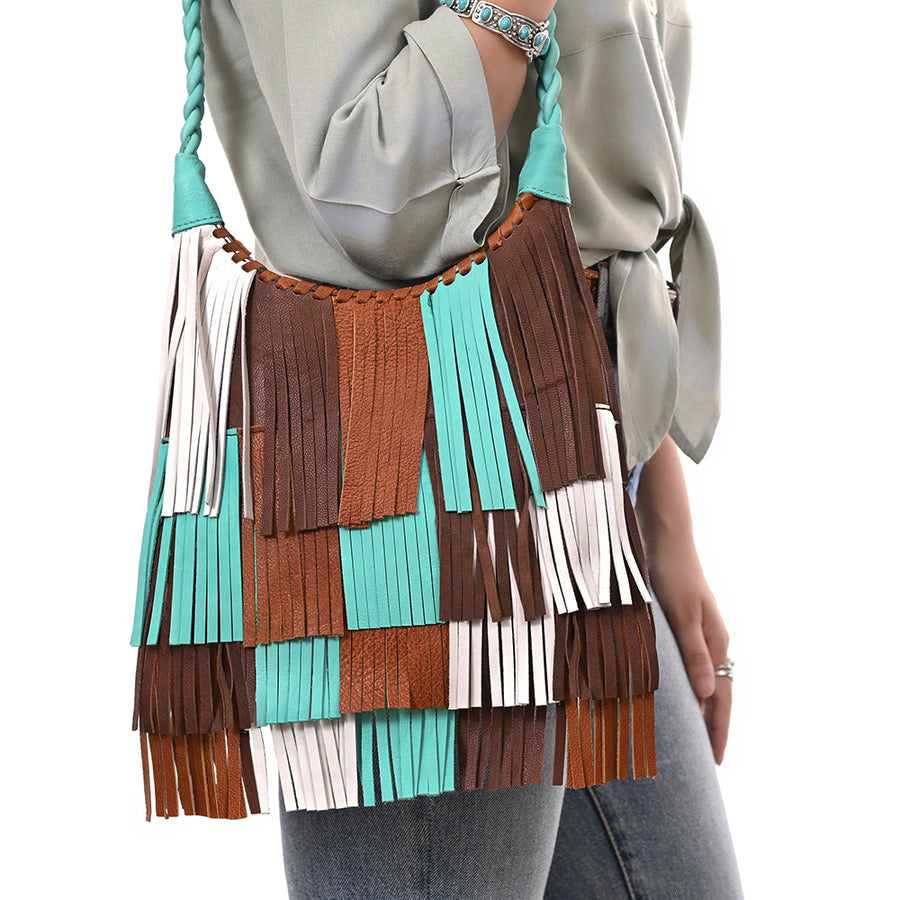 American Darling Leather Hobo Bag with Braided Strap Fringe Accents Full-Grain Leather Construction Spacious Interior & Secure YKK Zipper