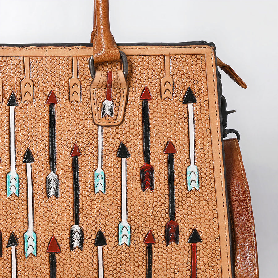 American Darling Hand-Tooled Leather Tote Bag with Arrow Carving Full-Grain Leather Spacious Interior Dual Handles & Secure YKK Zipper