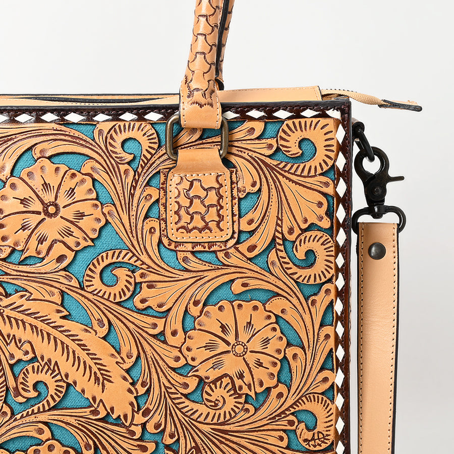 American Darling Hand Tooled Leather Tote Bag Turquoise Painted Floral Full Grain