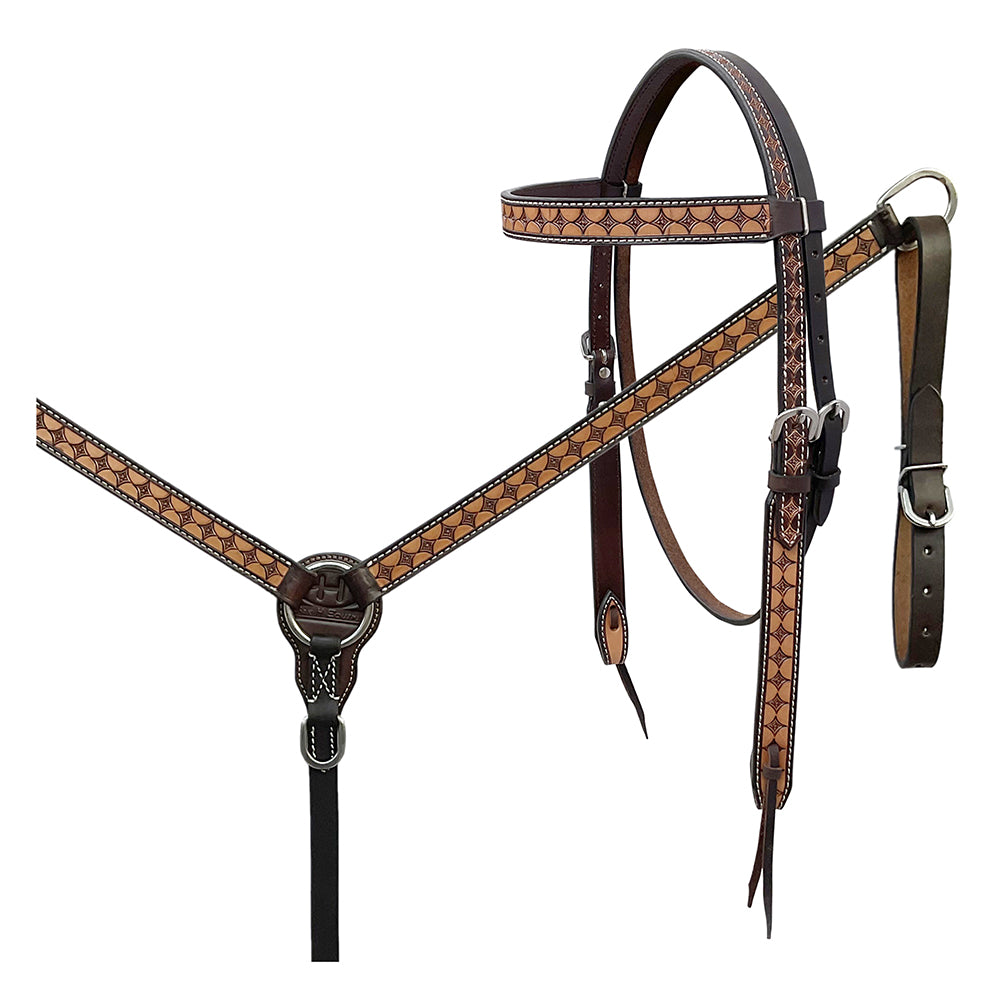 BAR H EQUINE Western Handtooled Leather Horse Headstall & Breast Collar Set
