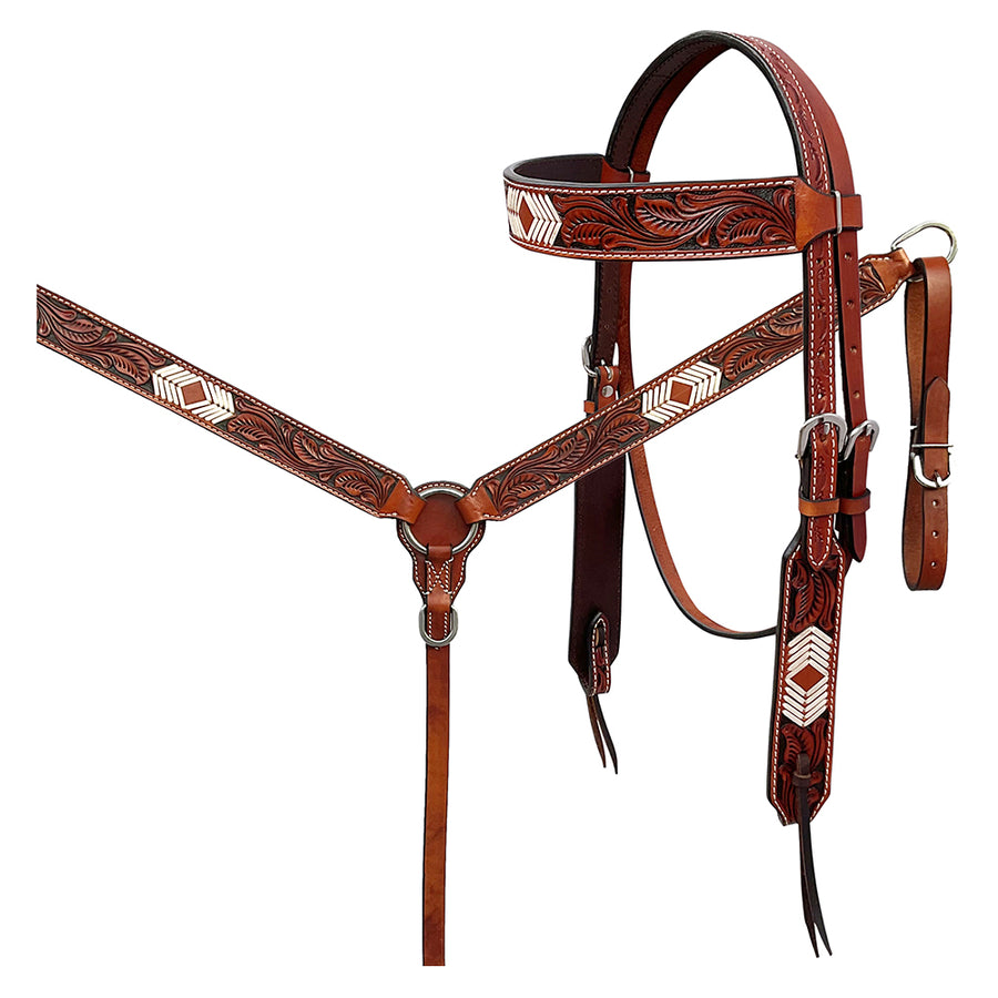 BAR H EQUINE Western Handtooled Leather Horse Headstall and Breast Collar Set - Uhorse