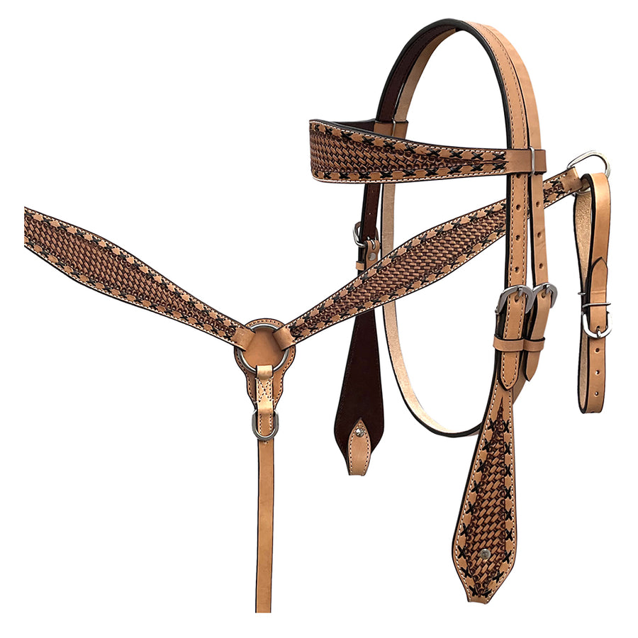 BAR H EQUINE Western Handtooled Leather Horse Headstall and Breast Collar Set - Uhorse