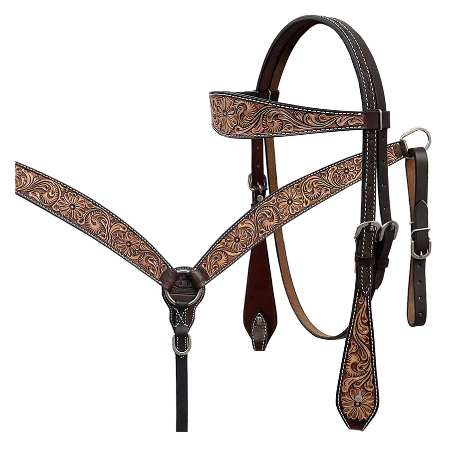 BAR H EQUINE Western Handtooled Leather Horse Headstall and Breast Collar Set - Uhorse