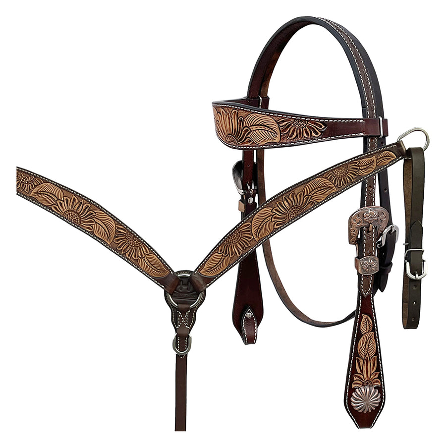 BAR H EQUINE Western Handtooled Leather Horse Headstall and Breast Collar Set - Uhorse