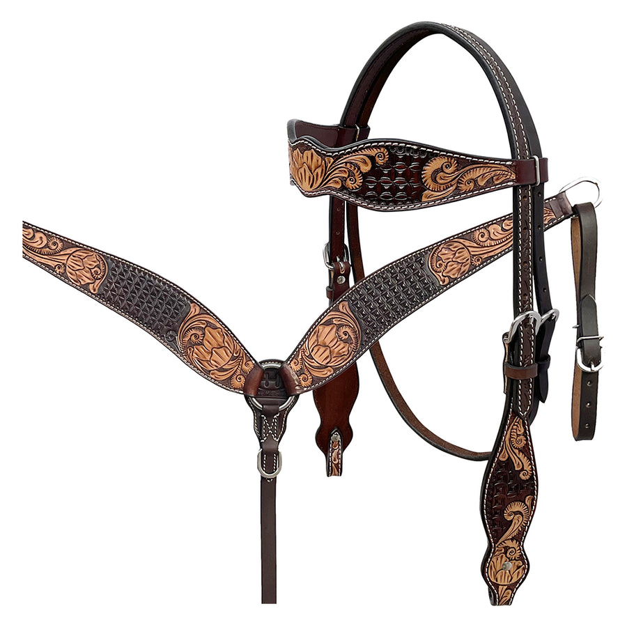 BAR H EQUINE Western Handtooled Leather Horse Headstall and Breast Collar Set - Uhorse