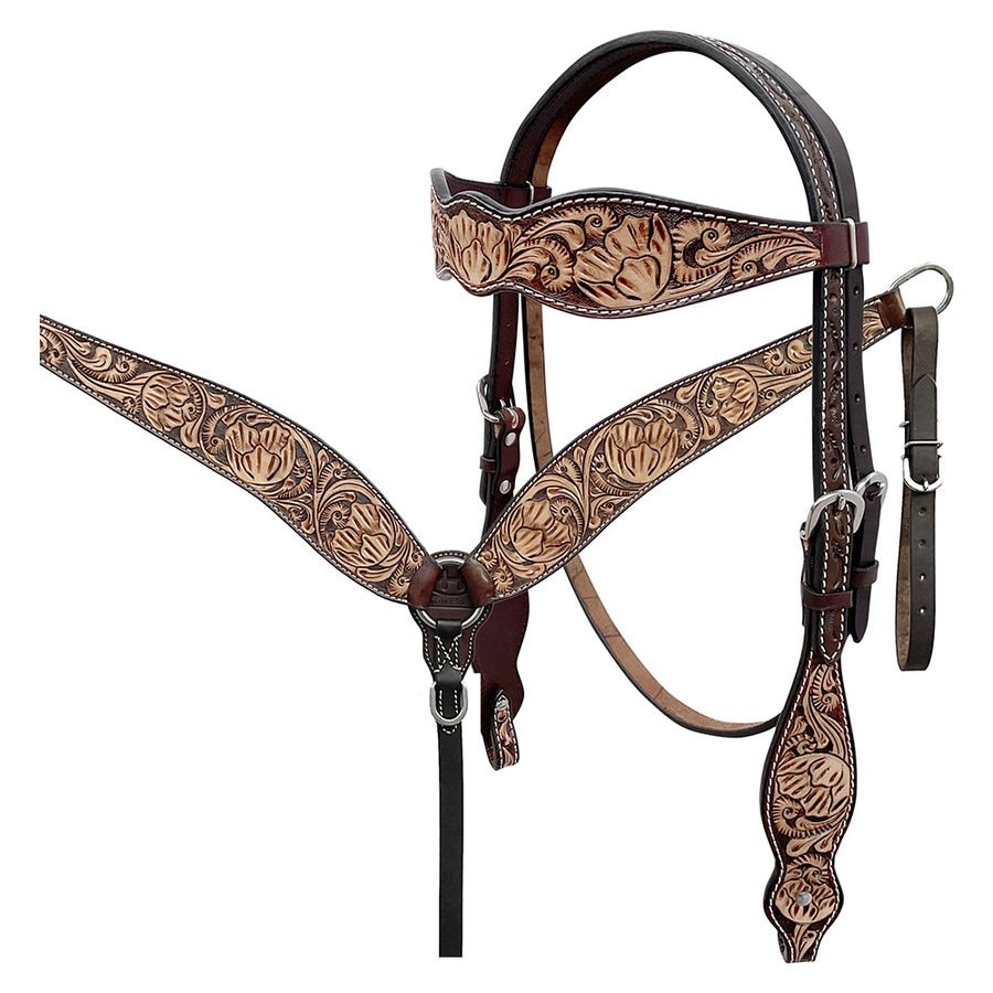 BAR H EQUINE Western Handtooled Leather Horse Headstall and Breast Collar Set - Uhorse