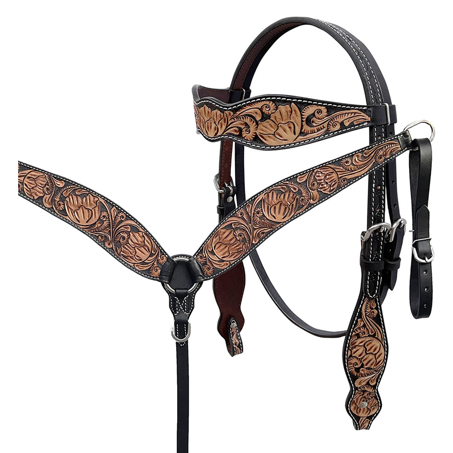 BAR H EQUINE Western Handtooled Leather Horse Headstall and Breast Collar Set - Uhorse