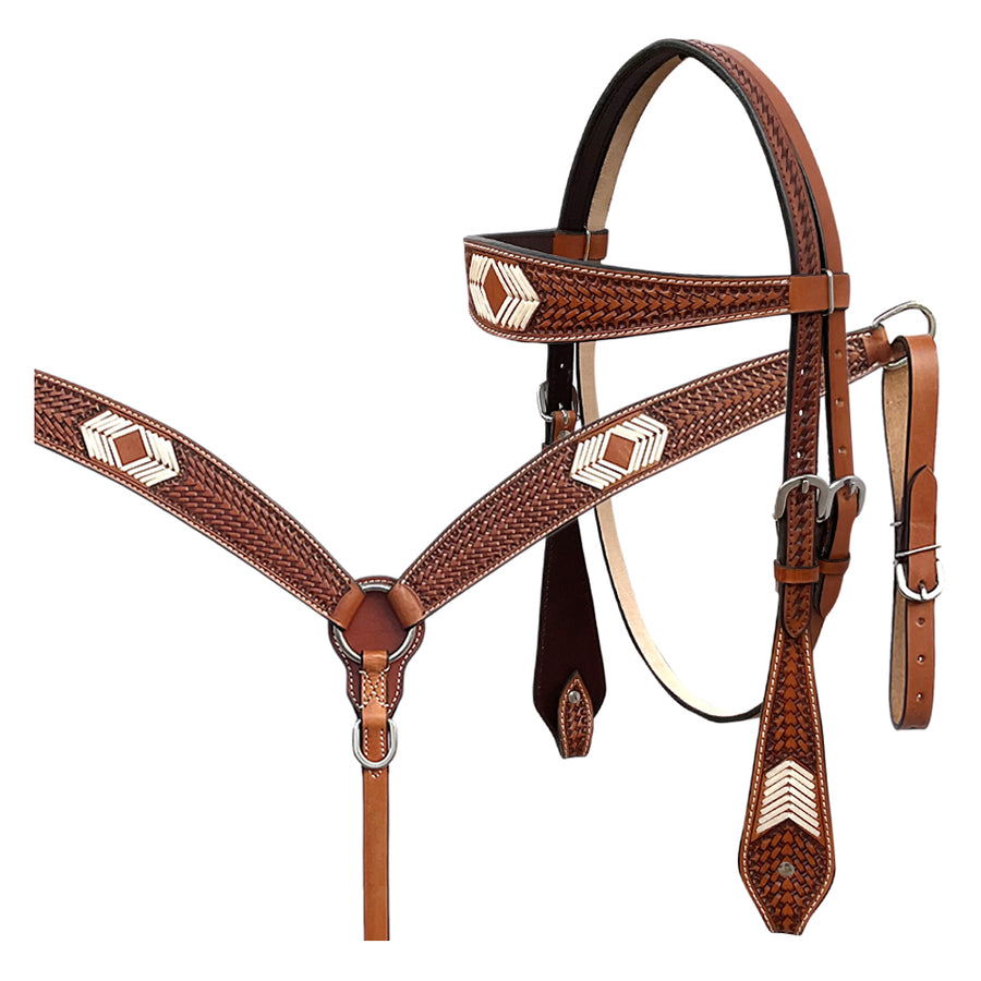 BAR H EQUINE Western Handtooled Leather Horse Headstall and Breast Collar Set - Uhorse