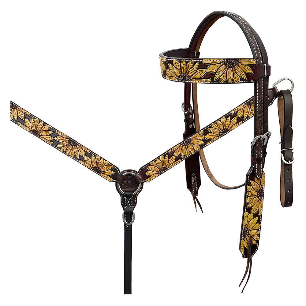 BAR H EQUINE Western Handtooled Leather Horse Headstall & Breast Collar Set
