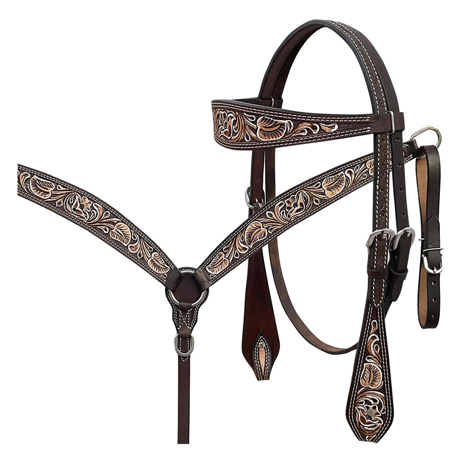 BAR H EQUINE Western Handtooled Leather Horse Headstall and Breast Collar Set - Uhorse