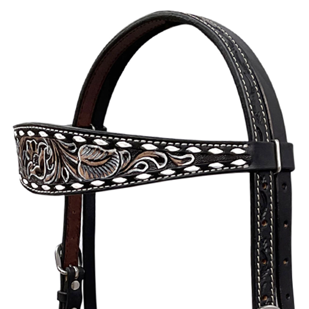 BAR H EQUINE Western Handtooled Leather Horse Headstall & Breast Collar Set