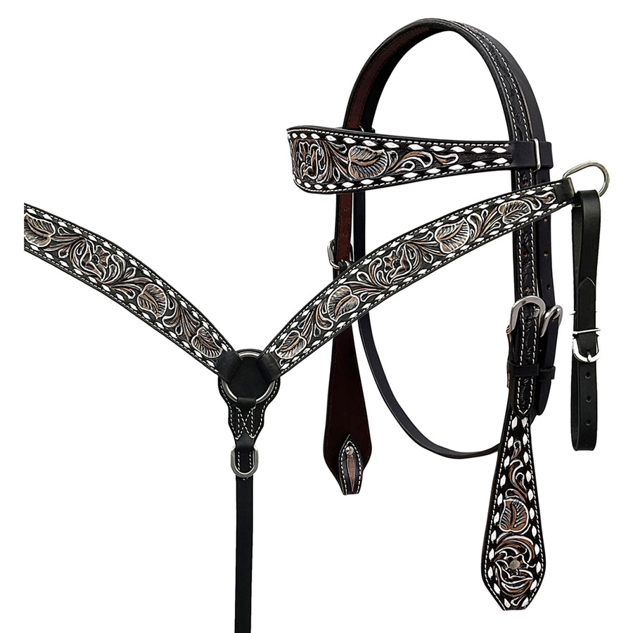 BAR H EQUINE Western Handtooled Leather Horse Headstall and Breast Collar Set - Uhorse