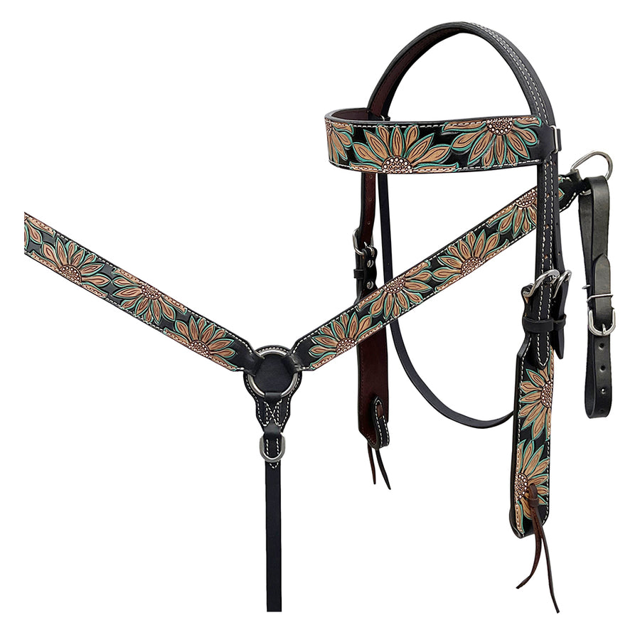 BAR H EQUINE Western Handtooled Leather Horse Headstall & Breast Collar Set | Tack