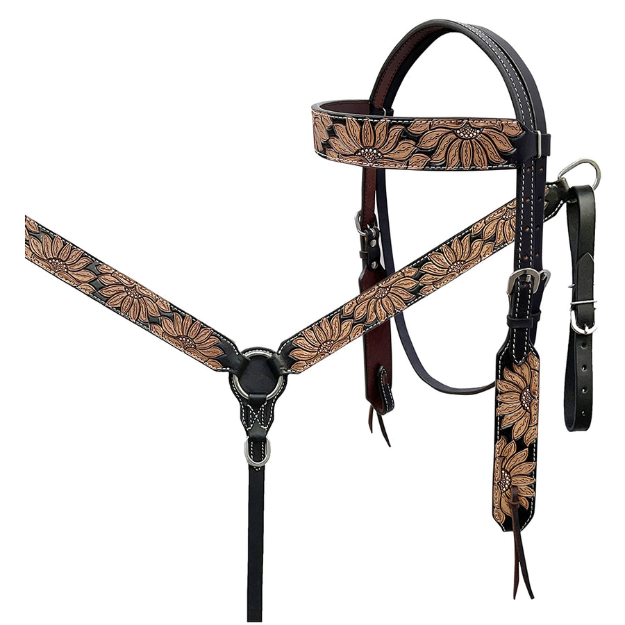 BAR H EQUINE Western Handtooled Leather Horse Headstall and Breast Collar Set - Uhorse