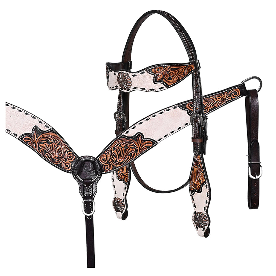 BAR H EQUINE Western Handtooled Leather Horse Headstall and Breast Collar Set - Uhorse