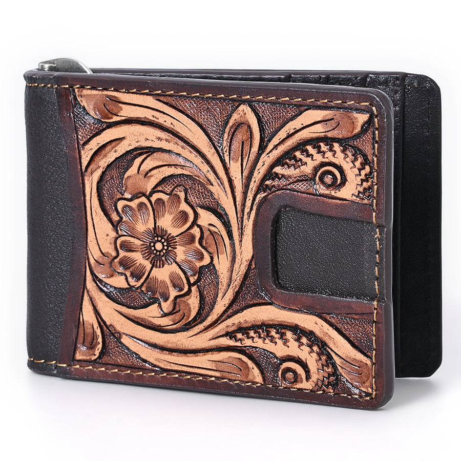 BAR H EQUINE Genuine Leather Rodeo Bifold Money Clip Wallet For Men Women Brown With Floral Hand Carved Tooled - Uhorse
