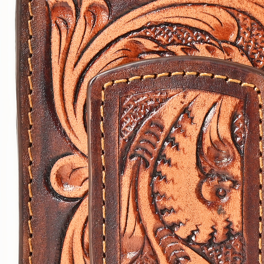 BAR H EQUINE Hand-Tooled Genuine Leather Money Clip Wallet Floral Carved | Western Style Card & Cash Holder