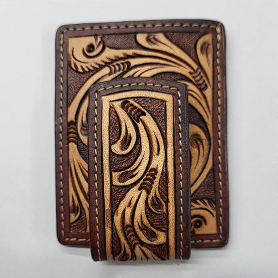 Brown leather wallet with tooled floral design - Uhorse