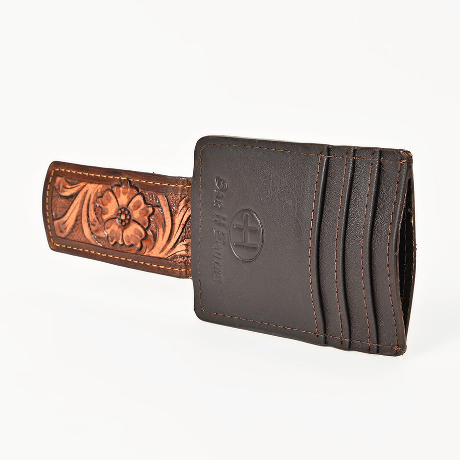 BAR H EQUINE Hand-Tooled Genuine Leather Money Clip Wallet Floral Carved | Western Style Card & Cash Holder