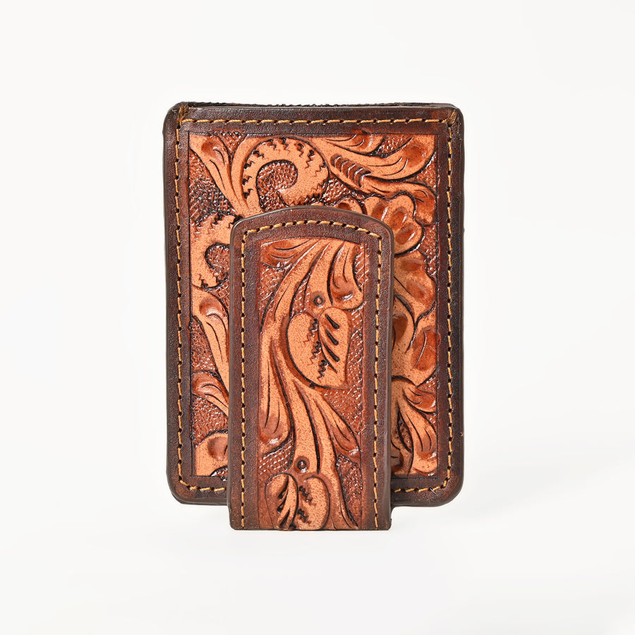 BAR H EQUINE Hand-Tooled Genuine Leather Money Clip Wallet Floral Carved | Western Style Card & Cash Holder
