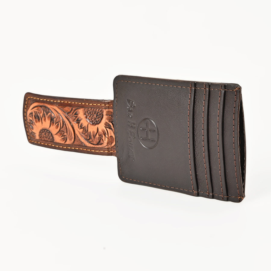 BAR H EQUINE Hand-Tooled Genuine Leather Money Clip Wallet Floral Carved | Western Style Card & Cash Holder