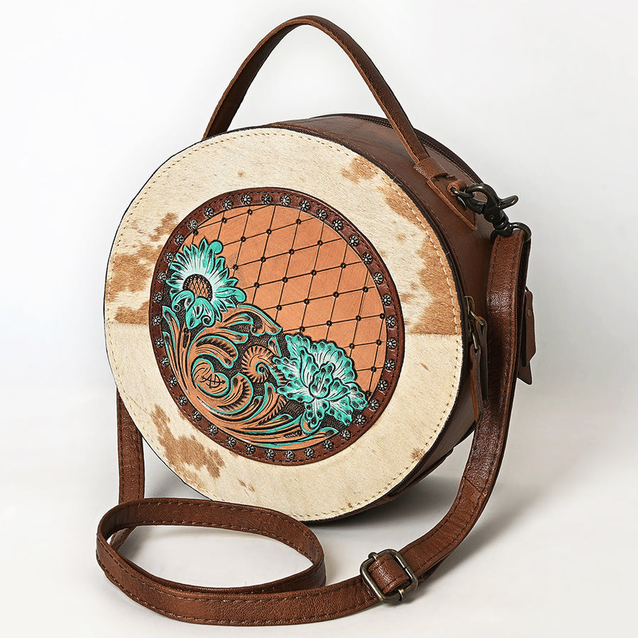 American Darling Western Genuine Leather Canteen Bag with Hand-Tooled Detailing and Hair-On Accents - Uhorse