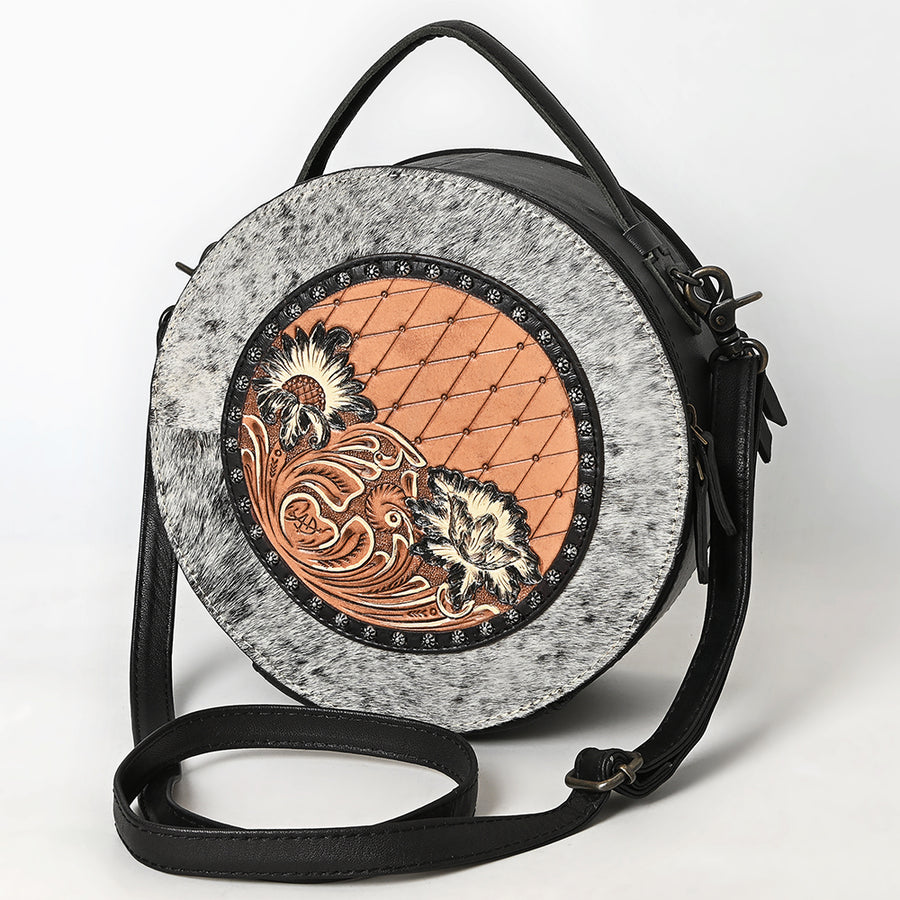 American Darling Western Genuine Leather Canteen Bag with Hand-Tooled Detailing and Hair-On Accents - Uhorse