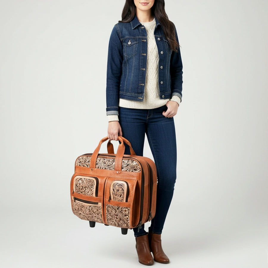 American Darling Western Leather Travel Case with Hand Tooled Floral Carving, Genuine Vegetable-Tanned Full-Grain Leather, Durable YKK Zippers & Multiple Compartments