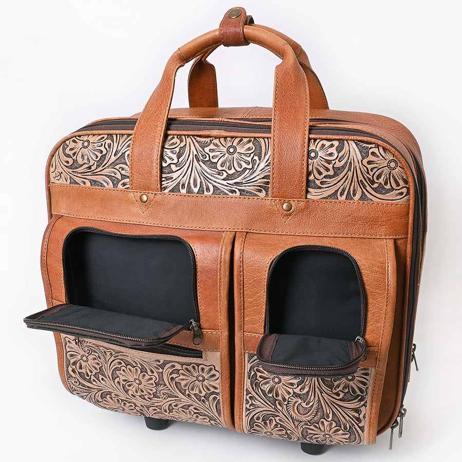 American Darling Western Leather Travel Case with Hand Tooled Floral Carving, Genuine Vegetable-Tanned Full-Grain Leather, Durable YKK Zippers & Multiple Compartments