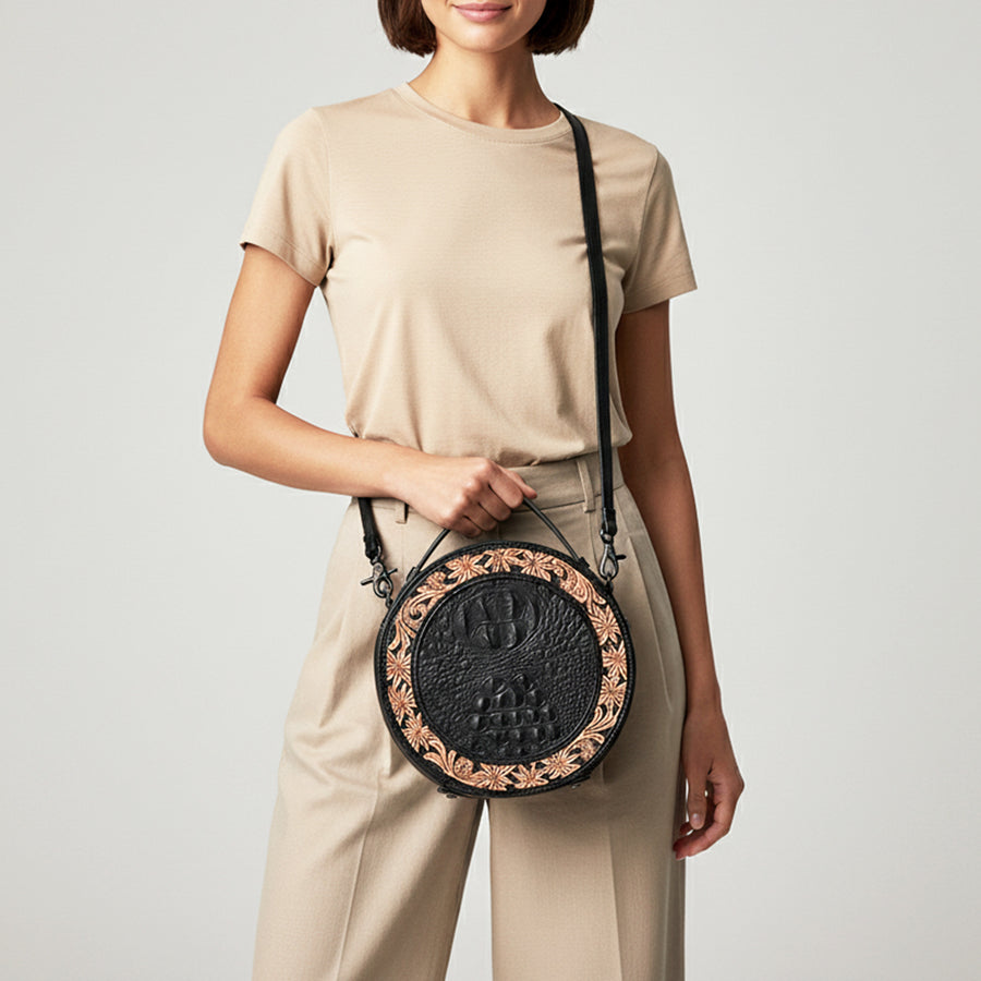 American Darling Canteen Hand Tooled Crocodile Embossed Genuine Leather Western Women Bag Handbag Purse | Cute