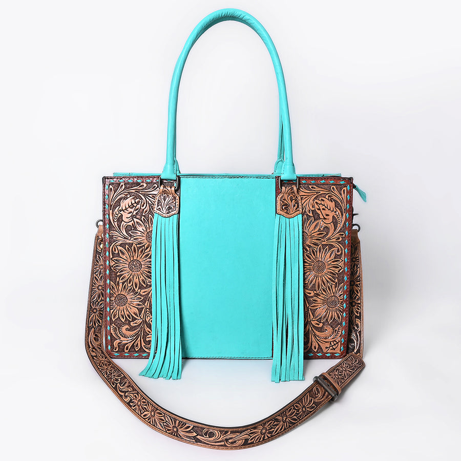 American Darling Western Tote Bag Hand-Tooled Floral Carved Genuine Leather with Fringe Buck-Stitched Design and Spacious Everyday Functionality