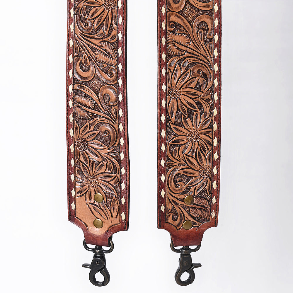 48 In American Darling Gorgeous Floral Hand Carved Genuine Leather Bag Strap With Flower Hand Tooled Design Brown Adbt147B