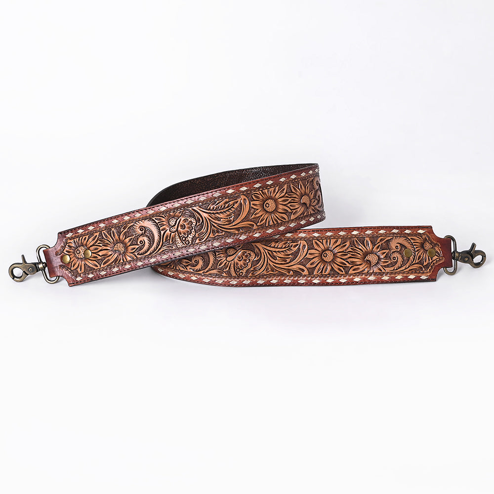 48 In American Darling Gorgeous Floral Hand Carved Genuine Leather Bag Strap With Flower Hand Tooled Design Brown Adbt147C