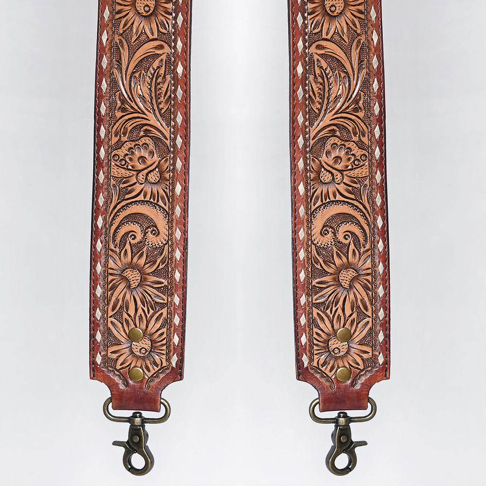 48 In American Darling Gorgeous Floral Hand Carved Genuine Leather Bag Strap With Flower Hand Tooled Design Brown Adbt147C