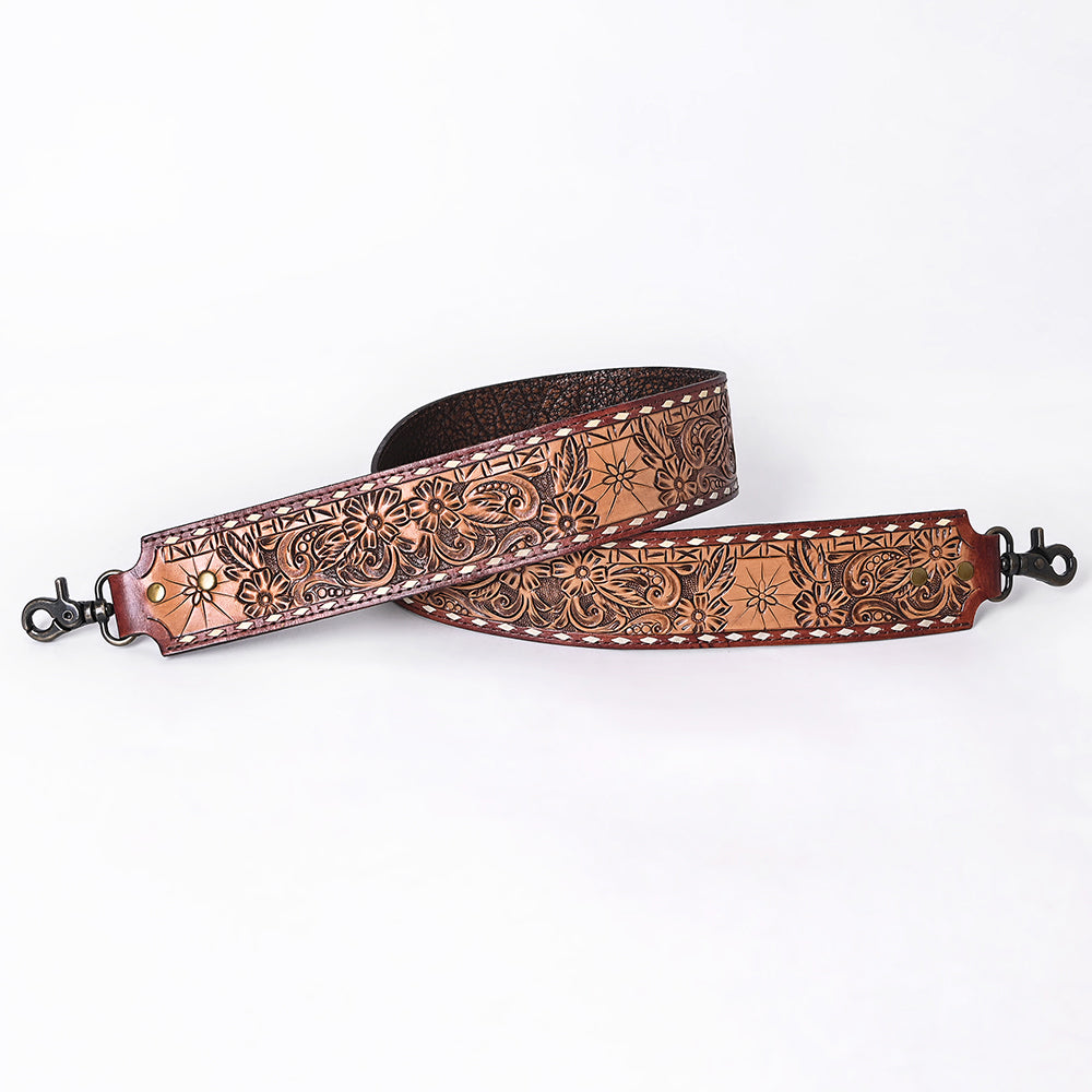 48 In American Darling Gorgeous Floral Hand Carved Genuine Leather Bag Strap With Flower Hand Tooled Design Brown Adbt147D
