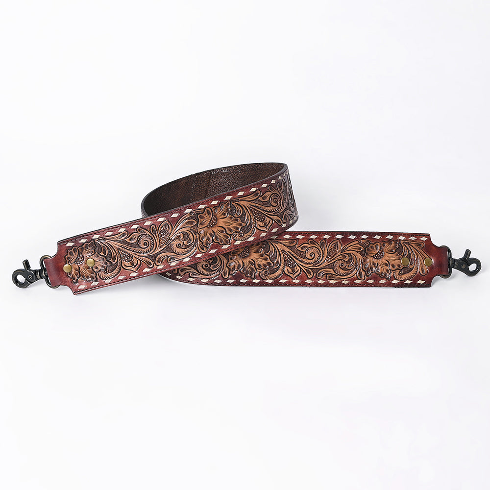 48 In American Darling Gorgeous Floral Hand Carved Genuine Leather Bag Strap With Flower Hand Tooled Design Brown Adbt147E