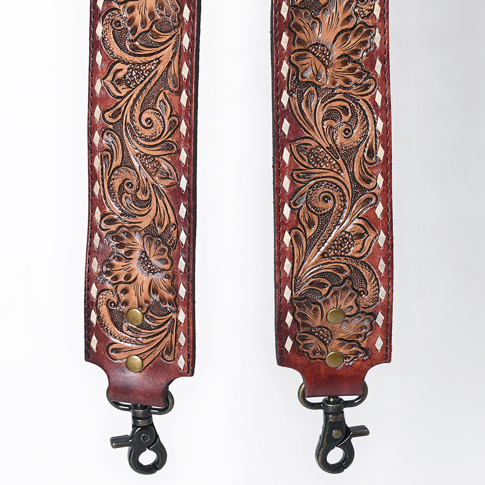 48 In American Darling Gorgeous Floral Hand Carved Genuine Leather Bag Strap With Flower Hand Tooled Design Brown Adbt147E