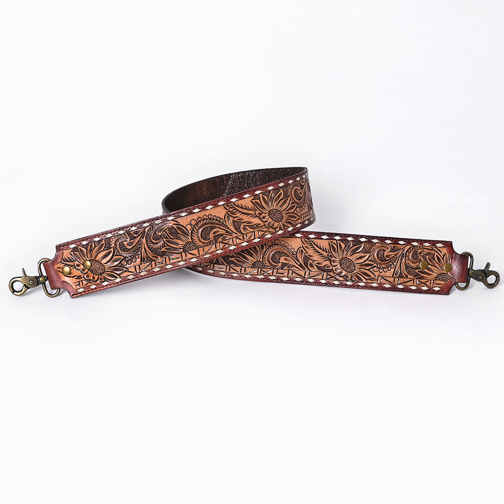 48 In American Darling Gorgeous Floral Hand Carved Genuine Leather Bag Strap With Flower Hand Tooled Design Brown Adbt147F