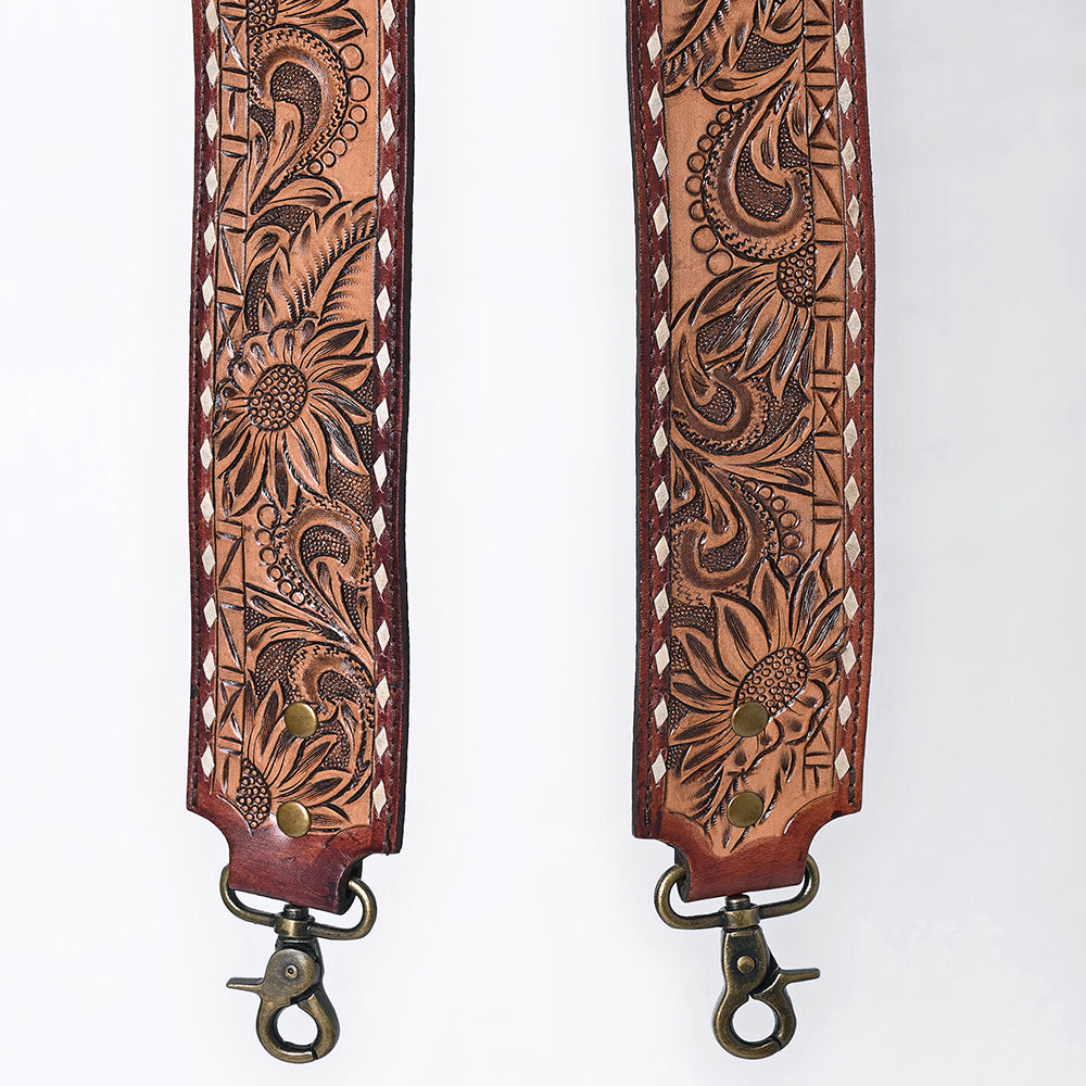48 In American Darling Gorgeous Floral Hand Carved Genuine Leather Bag Strap With Flower Hand Tooled Design Brown Adbt147F