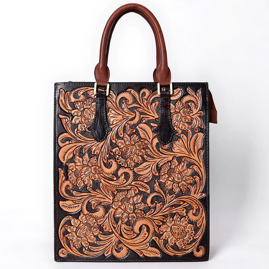 American Darling Hand Tooled Floral Carved Vegetable-Tanned Full Grain Genuine Leather Tote Bag with YKK Zipper
